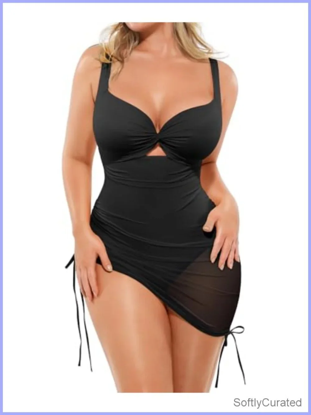 Tummy Control One Piece Swimsuit with Mesh Wrap Skirt Modest Swim Dress